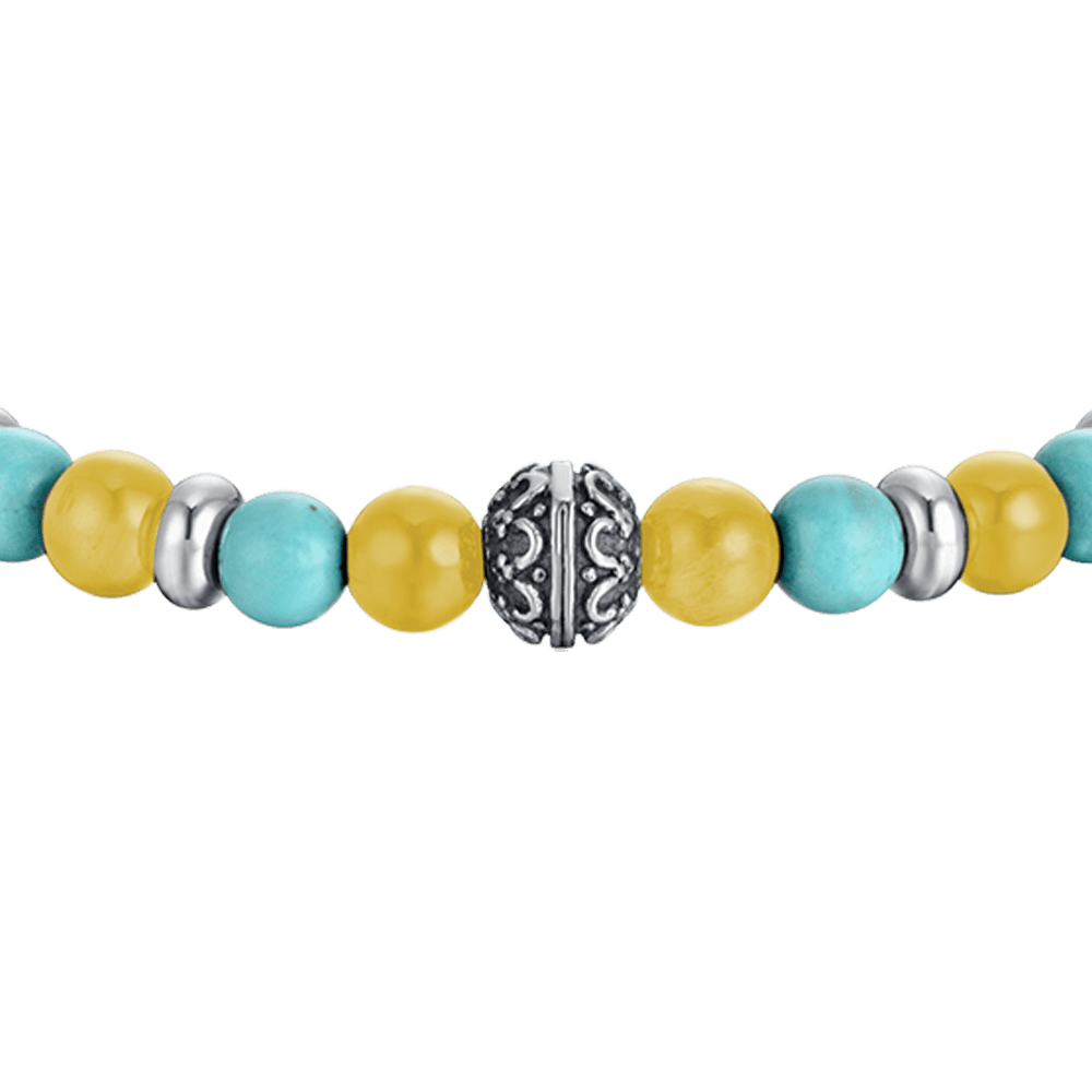 MEN'S ELASTIC BRACELET WITH TURQUOISE AND YELLOW STONES AND STEEL ELEMENTS