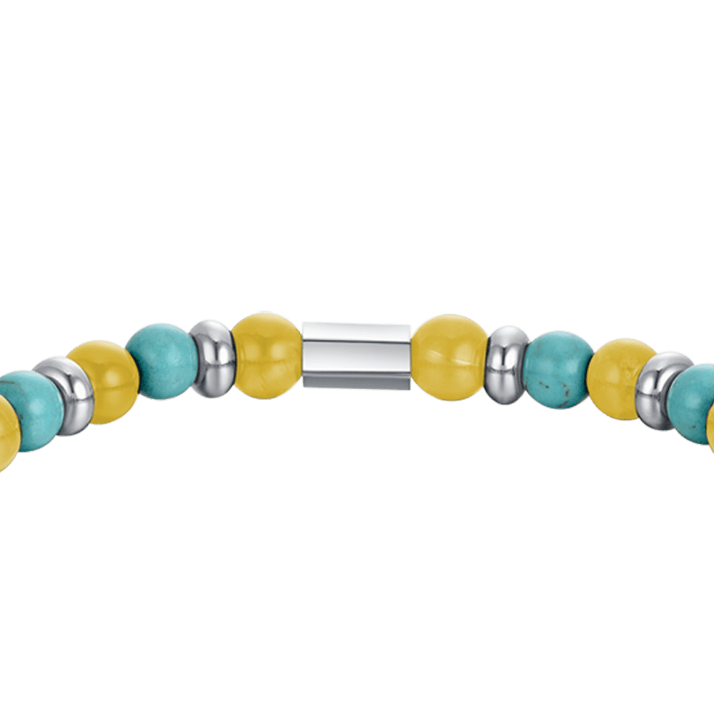 MEN'S ELASTIC BRACELET WITH TURQUOISE AND YELLOW STONES AND STEEL ELEMENTS