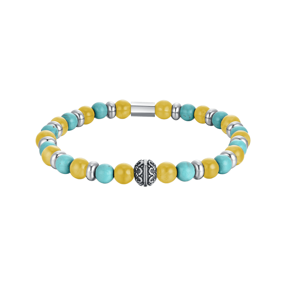 MEN'S ELASTIC BRACELET WITH TURQUOISE AND YELLOW STONES AND STEEL ELEMENTS