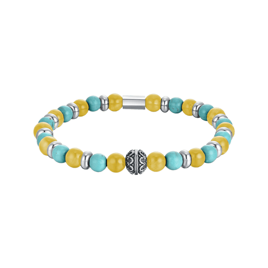 MEN'S ELASTIC BRACELET WITH TURQUOISE AND YELLOW STONES AND STEEL ELEMENTS