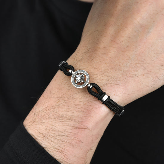 MEN'S BLACK ROPE BRACELET WITH BLACK ENAMEL COMPASS ROSE