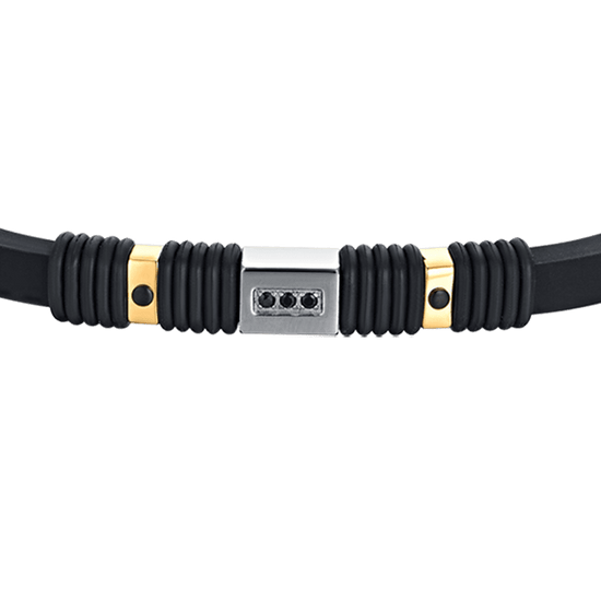 BLACK SILICONE MEN'S BRACELET WITH BLACK IP STEEL AND IP GOLD ELEMENTS