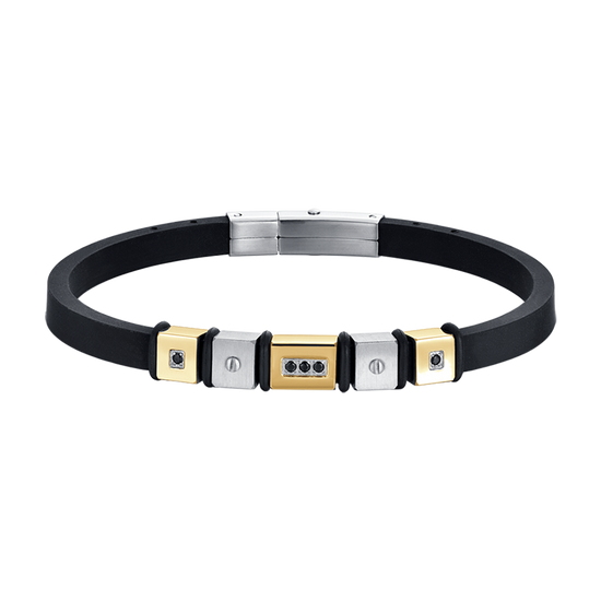 BLACK SILICONE MEN'S BRACELET WITH STEEL AND STEEL IP GOLD ELEMENTS