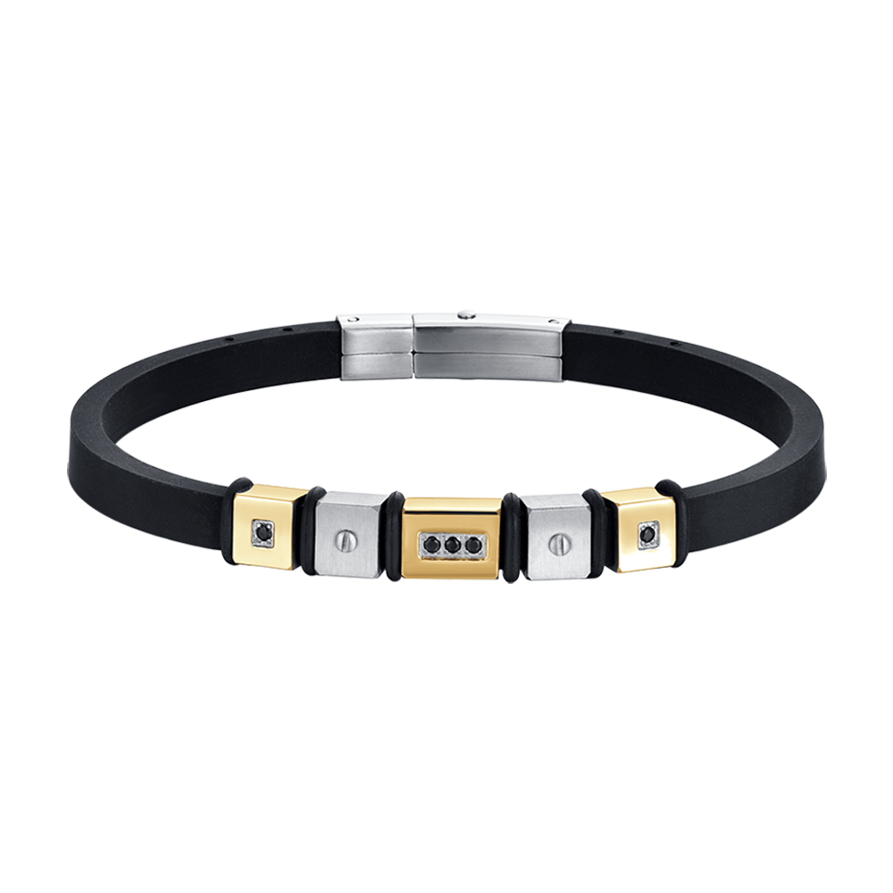 BLACK SILICONE MEN'S BRACELET WITH STEEL AND STEEL IP GOLD ELEMENTS