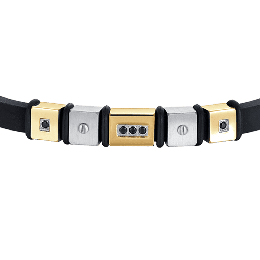 BLACK SILICONE MEN'S BRACELET WITH STEEL AND STEEL IP GOLD ELEMENTS