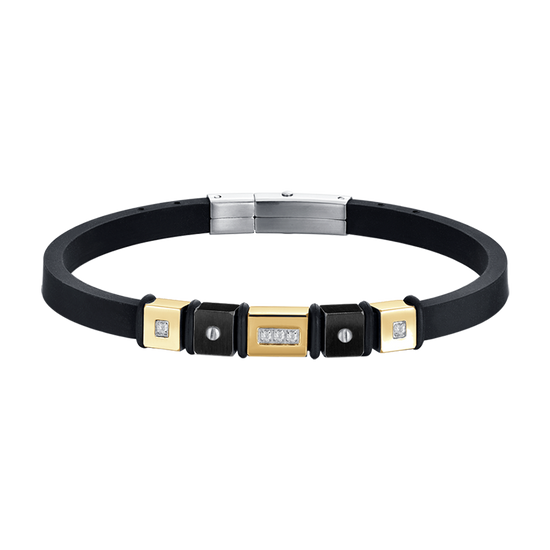 BLACK SILICONE MEN'S BRACELET WITH IP GOLD AND IP BLACK STEEL ELEMENTS