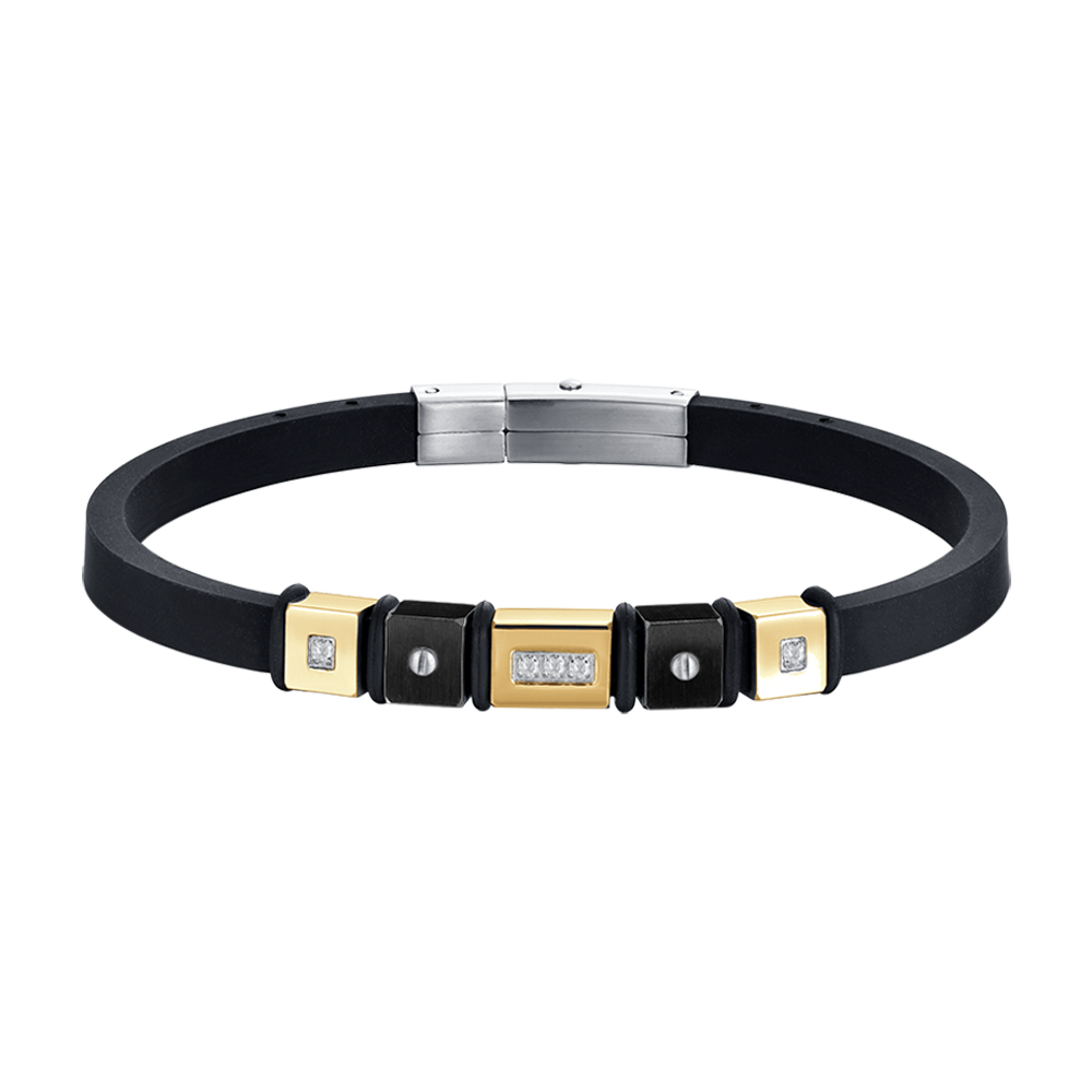 BLACK SILICONE MEN'S BRACELET WITH IP GOLD AND IP BLACK STEEL ELEMENTS Luca Barra