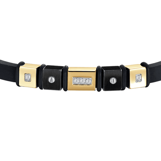 BLACK SILICONE MEN'S BRACELET WITH IP GOLD AND IP BLACK STEEL ELEMENTS