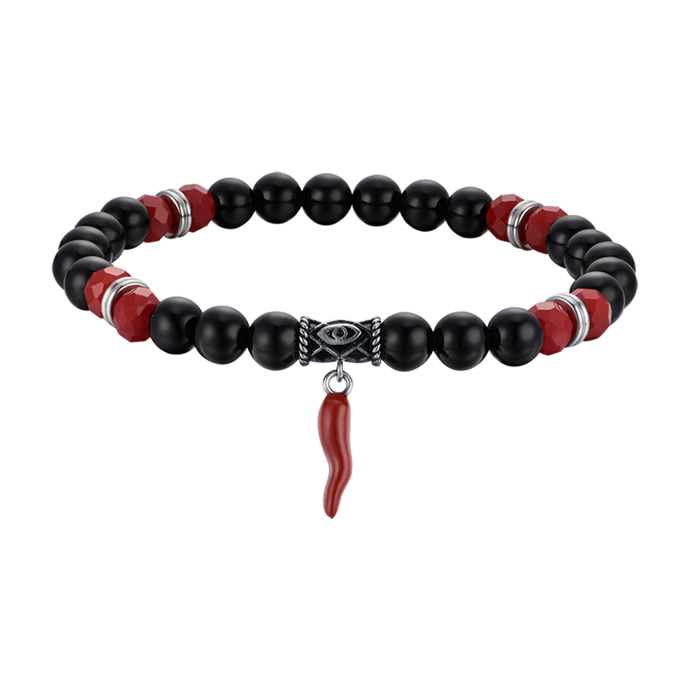 MEN'S ELASTIC BRACELET WITH BLACK AND RED STONES AND RED HORN