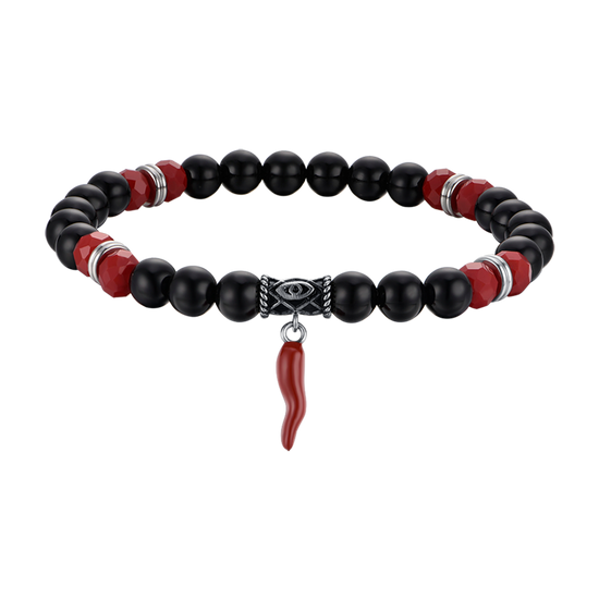 MEN'S ELASTIC BRACELET WITH BLACK AND RED STONES AND RED HORN