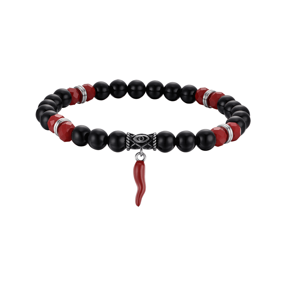 MEN'S ELASTIC BRACELET WITH BLACK AND RED STONES AND RED HORN