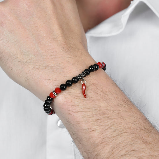 MEN'S ELASTIC BRACELET WITH BLACK AND RED STONES AND RED HORN