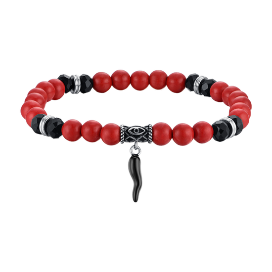 MEN'S ELASTIC BRACELET WITH RED AND BLACK STONES AND BLACK HORN