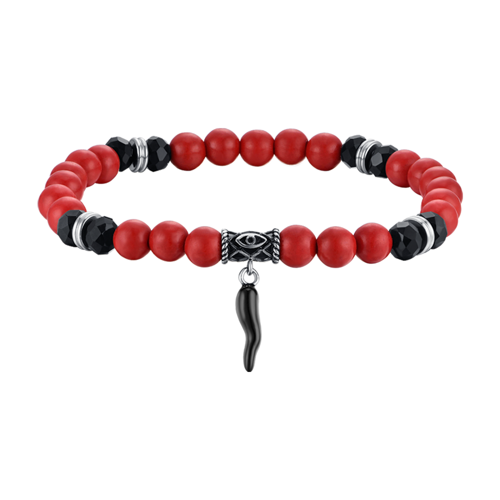 MEN'S ELASTIC BRACELET WITH RED AND BLACK STONES AND BLACK HORN