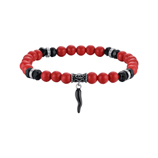 MEN'S ELASTIC BRACELET WITH RED AND BLACK STONES AND BLACK HORN