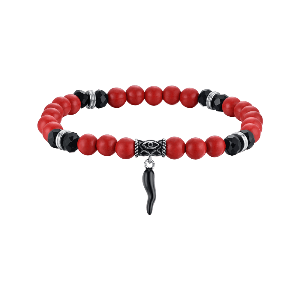 MEN'S ELASTIC BRACELET WITH RED AND BLACK STONES AND BLACK HORN