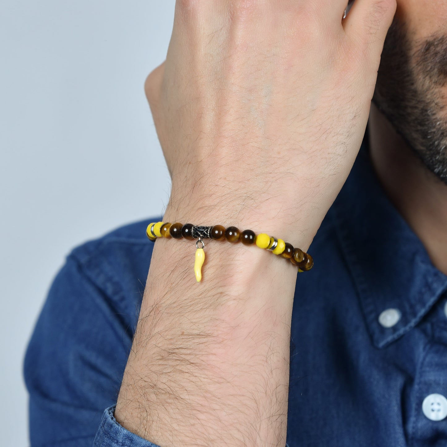 MEN'S ELASTIC BRACELET WITH TIGER EYE AND YELLOW HORN STONES