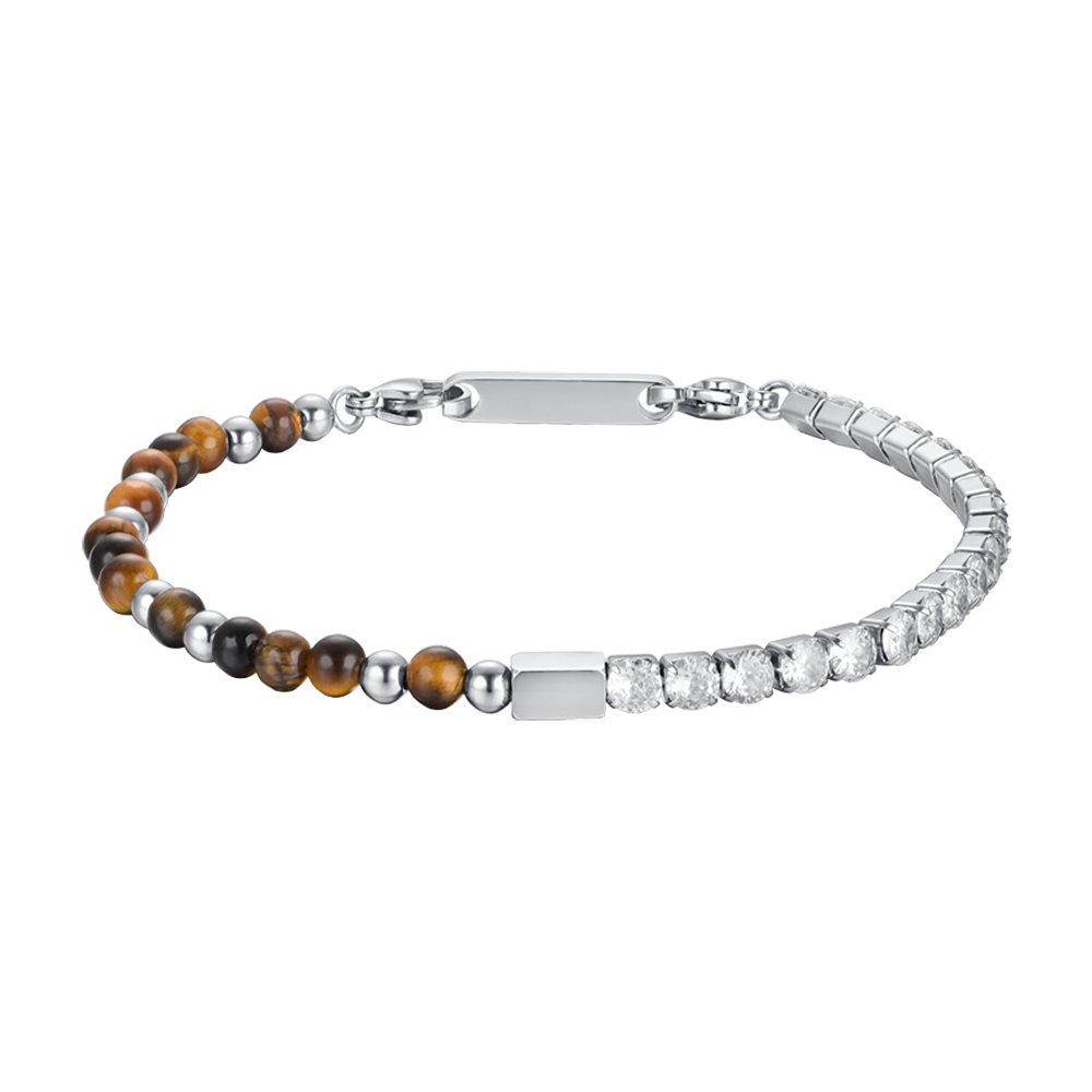 MAN'S BRACELET IN STEEL WITH WHITE CRYSTALS AND TIGER'S EYE STONES Luca Barra