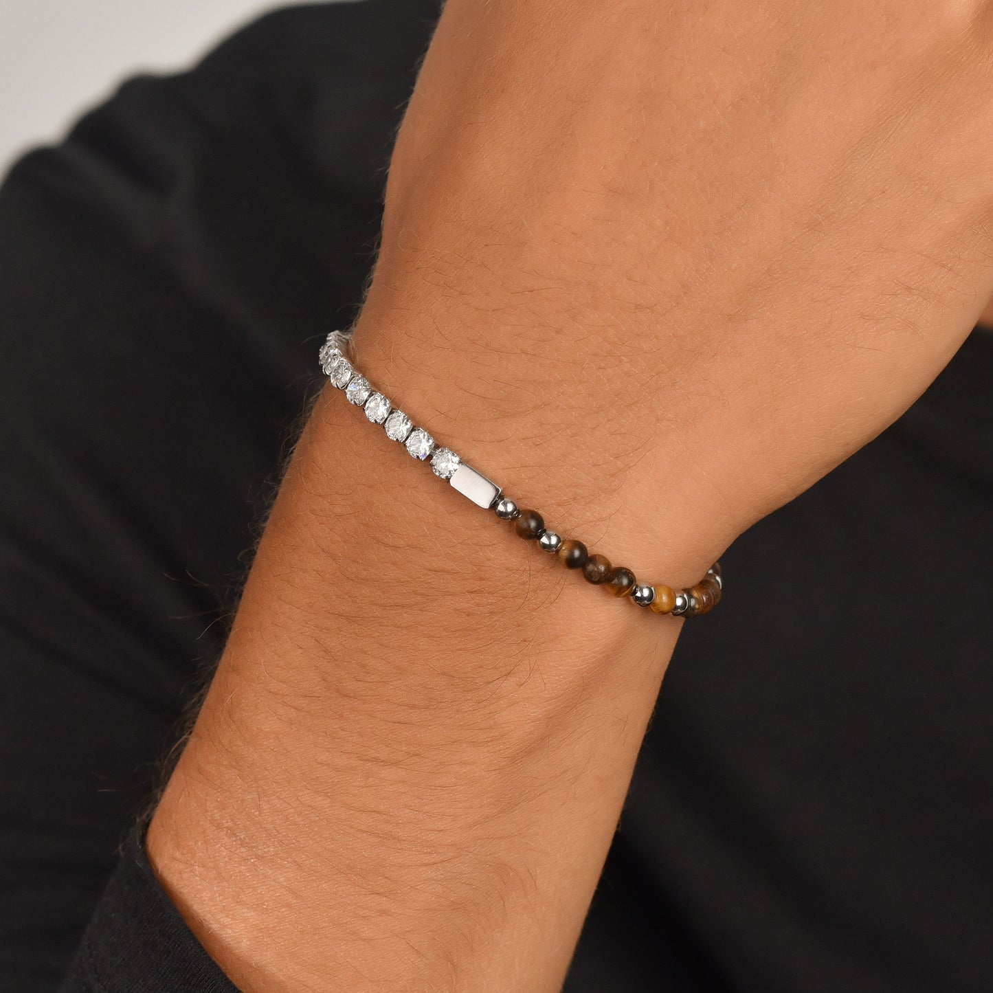 STEEL MEN'S BRACELET WITH WHITE CRYSTALS AND TIGER EYE STONES