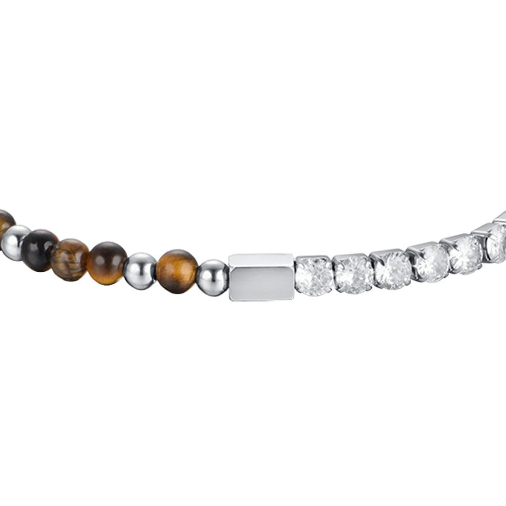 STEEL MEN'S BRACELET WITH WHITE CRYSTALS AND TIGER EYE STONES