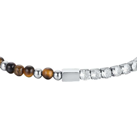 STEEL MEN'S BRACELET WITH WHITE CRYSTALS AND TIGER EYE STONES