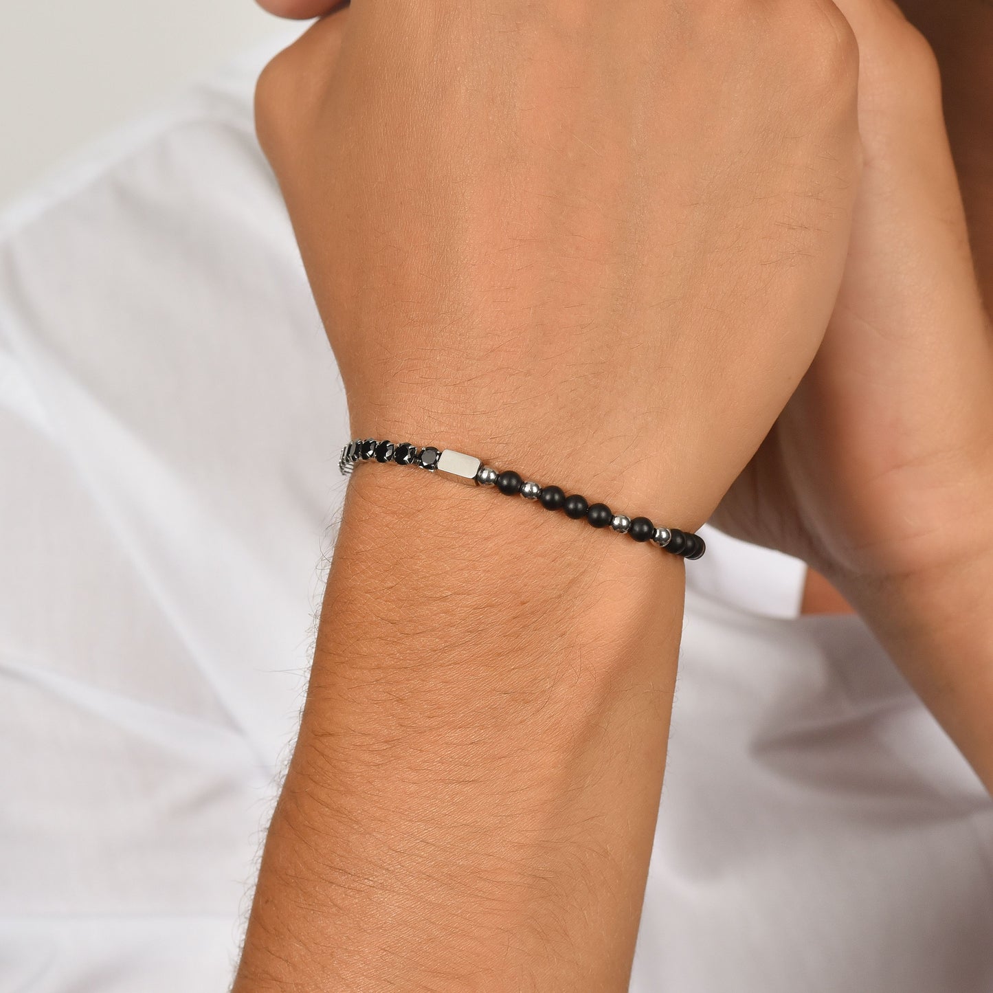 STEEL MEN'S BRACELET WITH BLACK CRYSTALS AND BLACK STONES