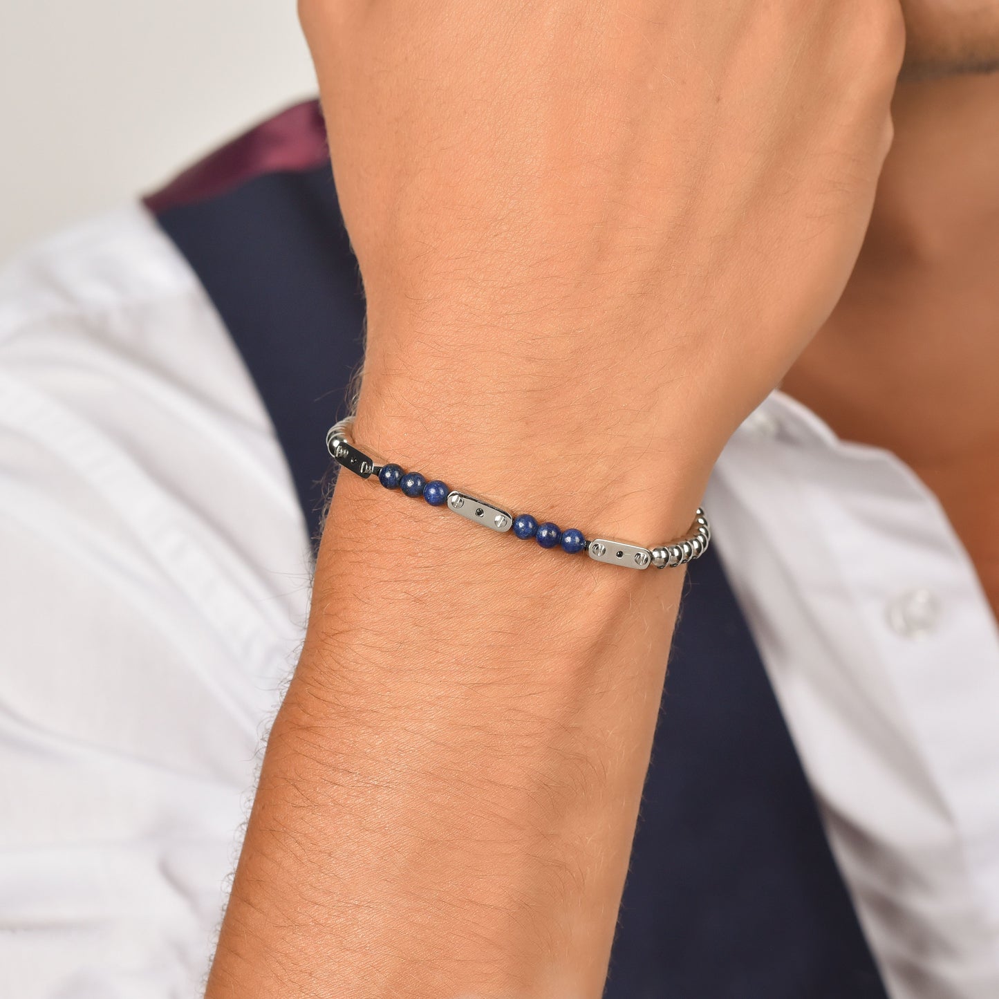 STEEL MEN'S BRACELET WITH LAPIS STONES