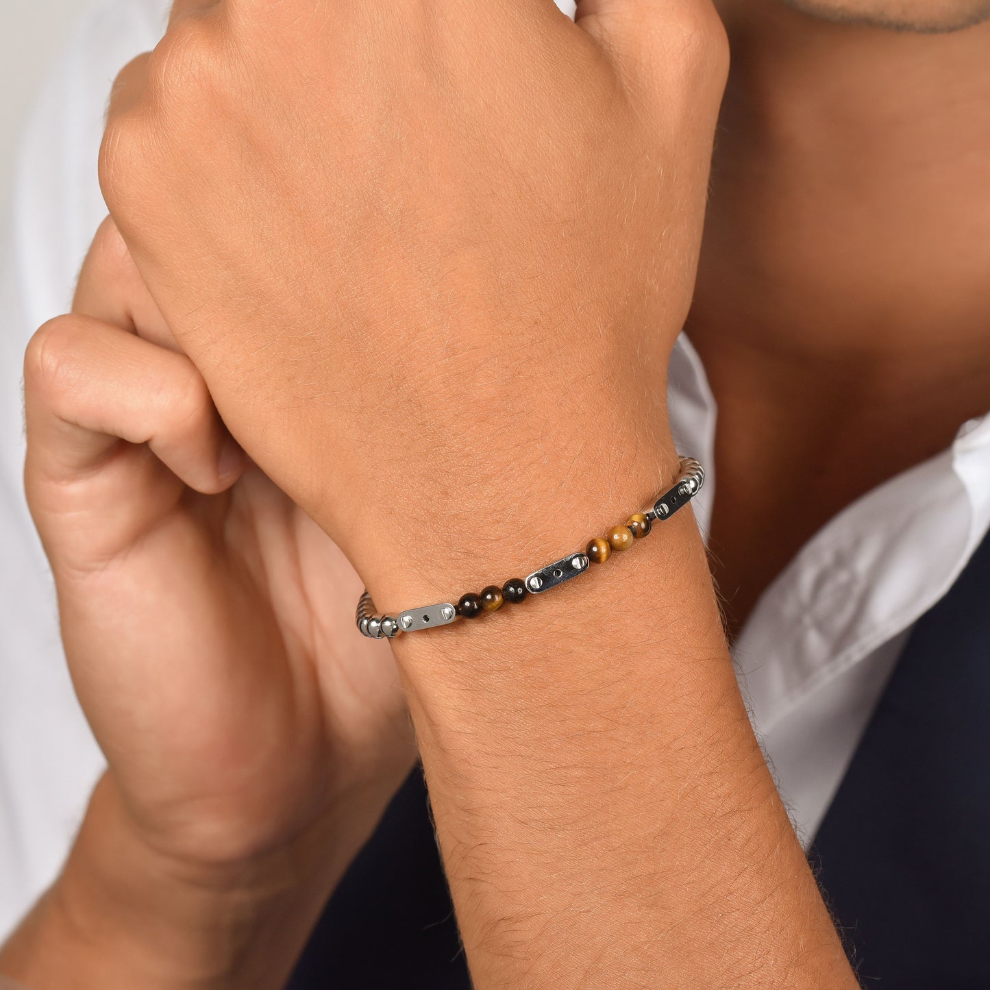 STEEL MEN'S BRACELET WITH TIGER EYE STONES