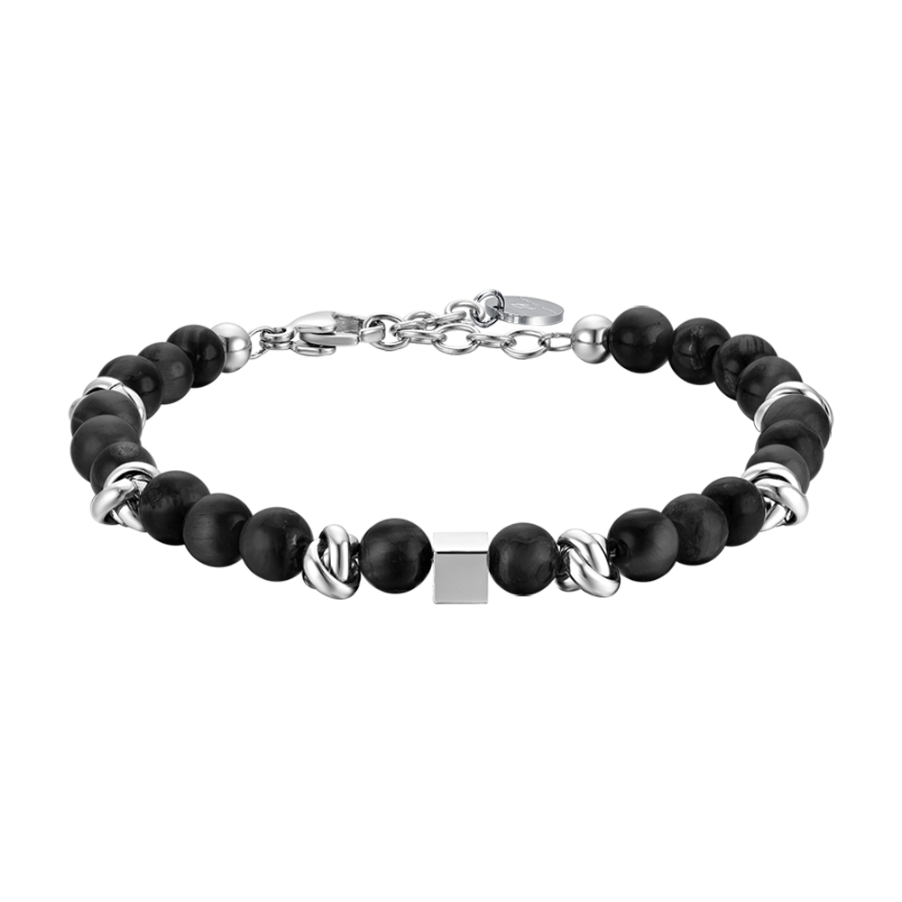 STEEL MEN'S BRACELET WITH BLACK STONES AND STEEL ELEMENTS