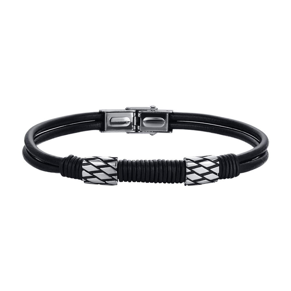 BLACK LEATHER MEN'S BRACELET WITH STEEL ELEMENTS