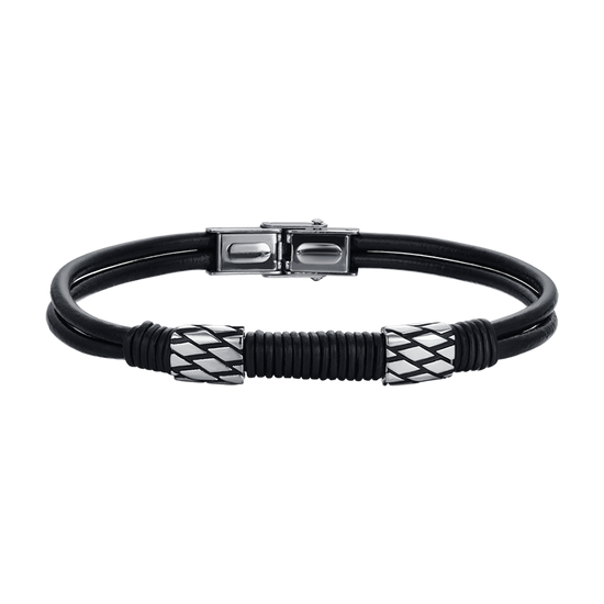 BLACK LEATHER MEN'S BRACELET WITH STEEL ELEMENTS