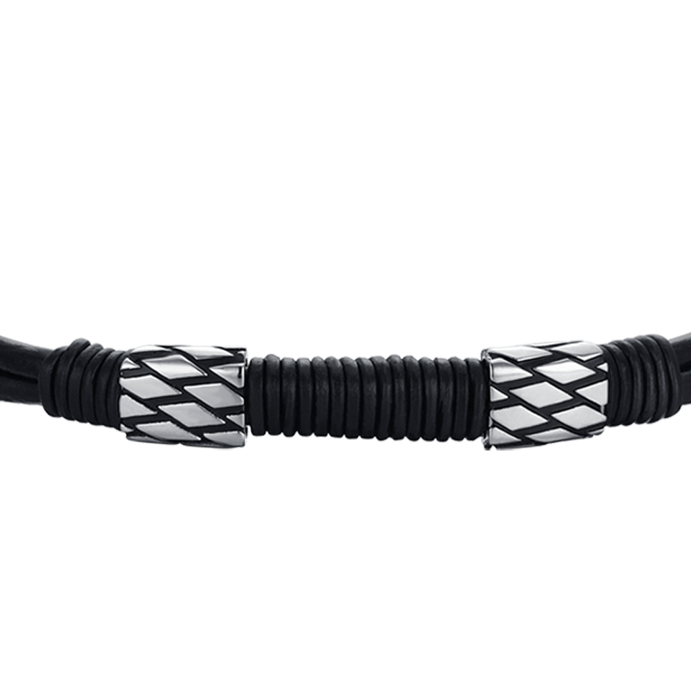 BLACK LEATHER MEN'S BRACELET WITH STEEL ELEMENTS