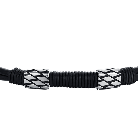 BLACK LEATHER MEN'S BRACELET WITH STEEL ELEMENTS