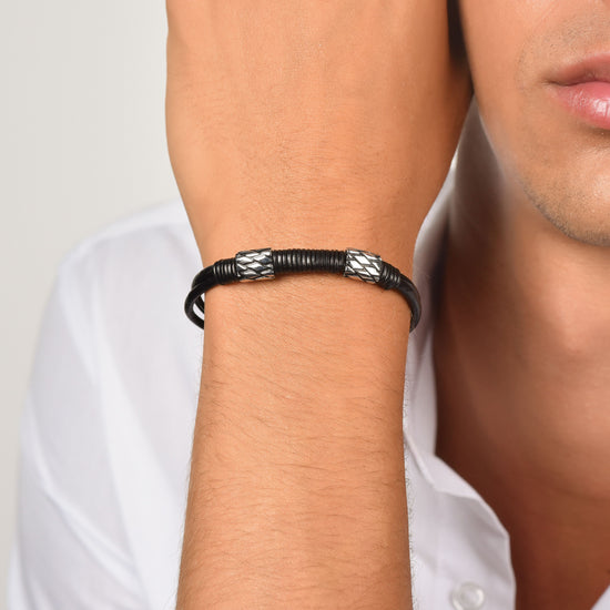 BROWN LEATHER MEN'S BRACELET WITH STEEL ELEMENTS