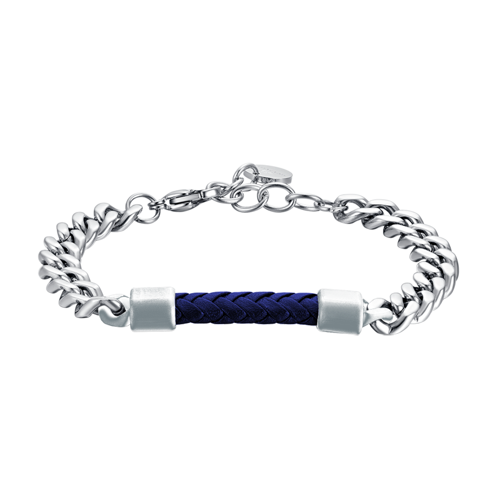 STEEL MEN'S BRACELET WITH BLUE LEATHER ELEMENT