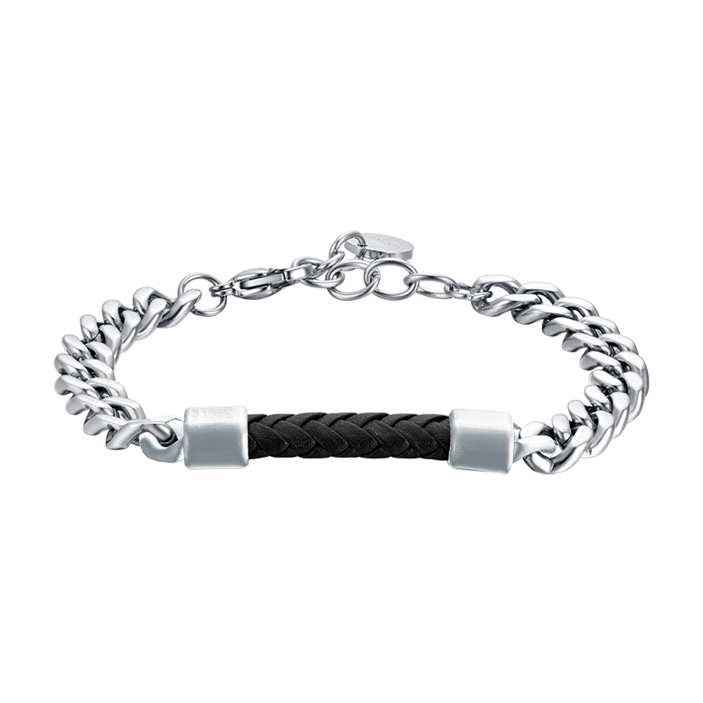 STEEL MEN'S BRACELET WITH BLACK LEATHER ELEMENT