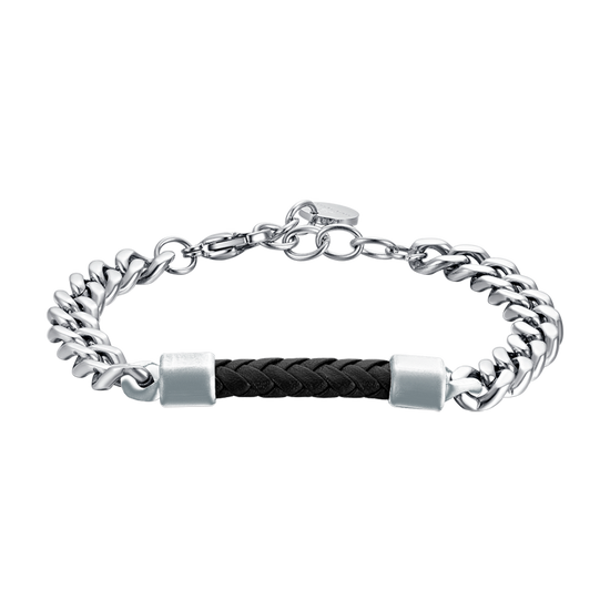 STEEL MEN'S BRACELET WITH BLACK LEATHER ELEMENT