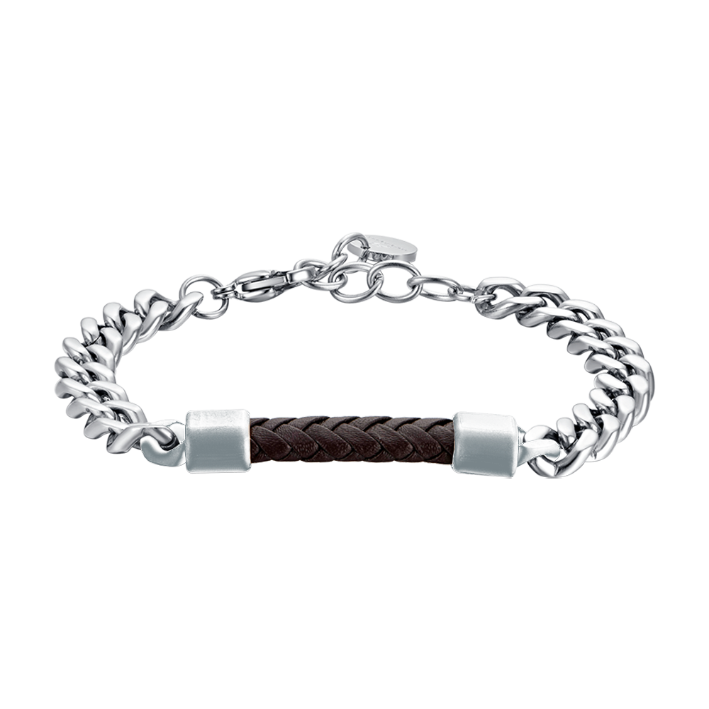 STEEL MEN'S BRACELET WITH BROWN LEATHER ELEMENT