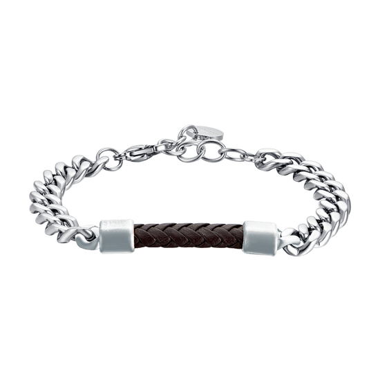 STEEL MEN'S BRACELET WITH BROWN LEATHER ELEMENT