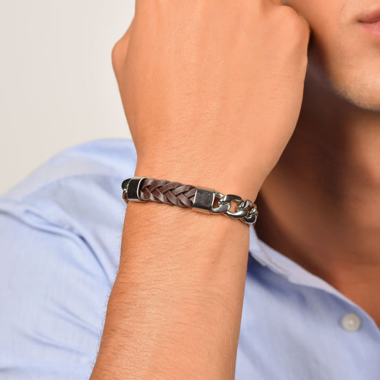 STEEL MEN'S BRACELET WITH BROWN LEATHER ELEMENT