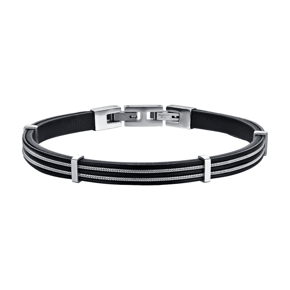 BLACK LEATHER MEN'S BRACELET WITH STEEL ELEMENTS