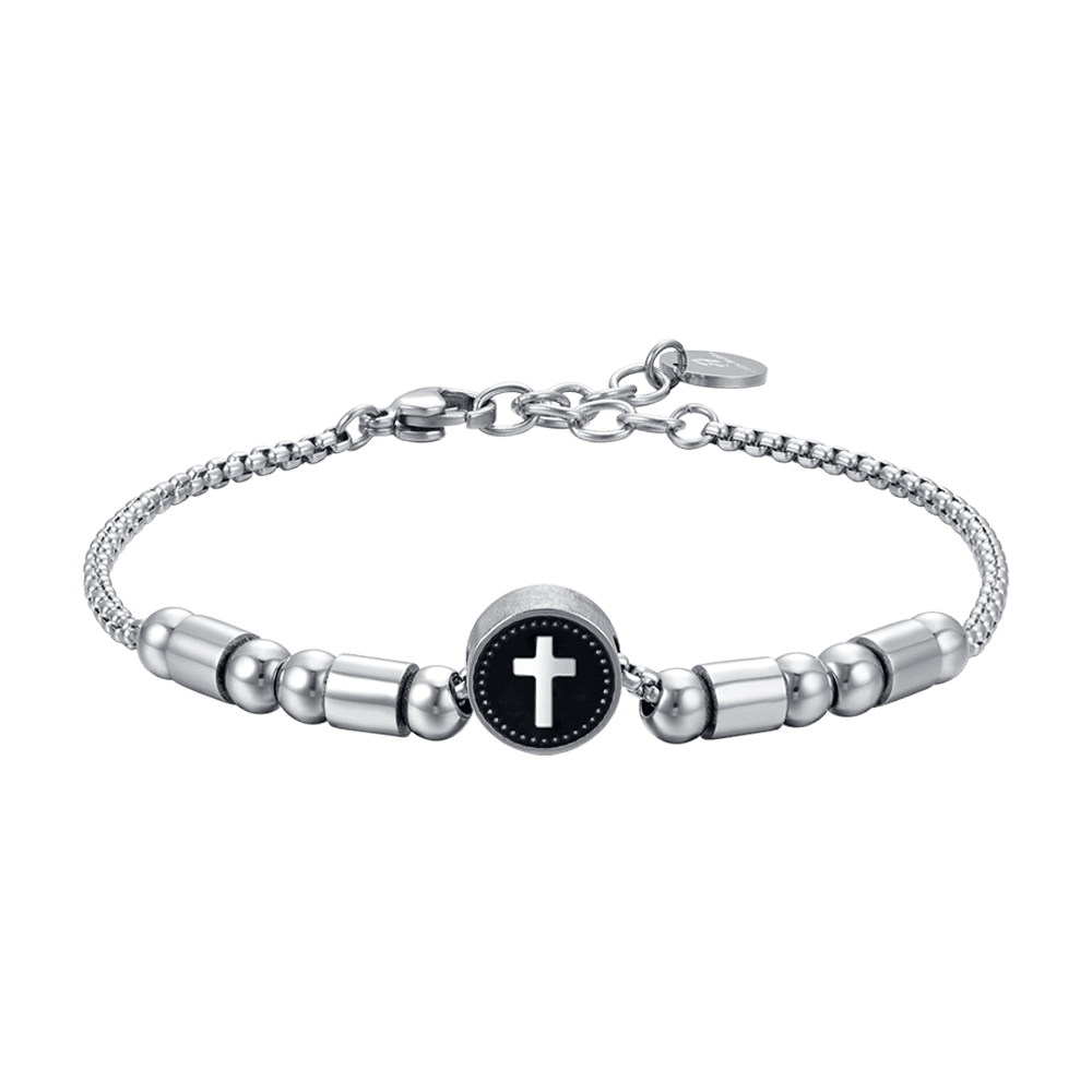 MEN'S STEEL ELEMENT BRACELET WITH SILVER CROSS AND BLACK ENAMEL