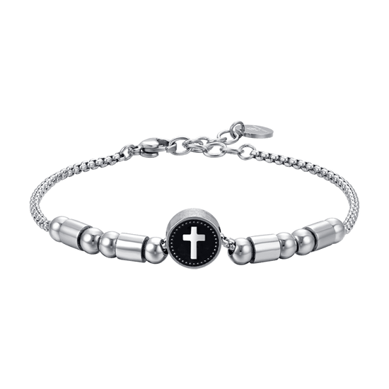 MEN'S STEEL ELEMENT BRACELET WITH SILVER CROSS AND BLACK ENAMEL