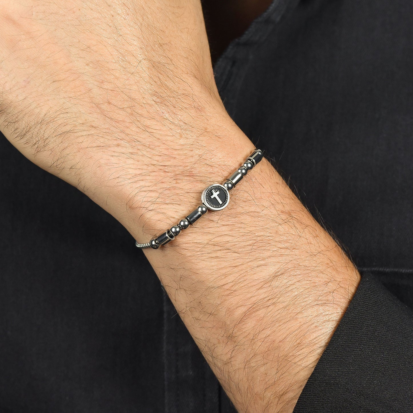 MEN'S STEEL ELEMENT BRACELET WITH SILVER CROSS AND BLACK ENAMEL Luca Barra