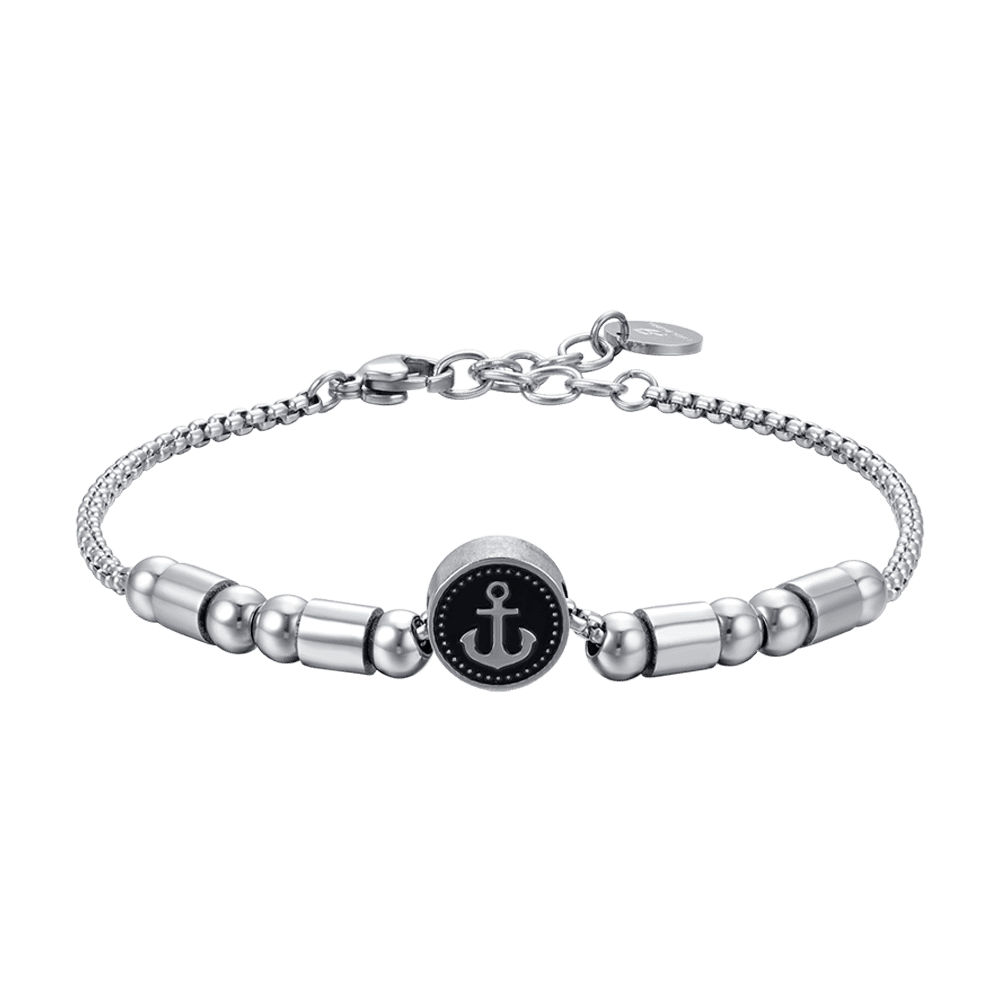 MEN'S STEEL ELEMENT BRACELET WITH SILVER ANCHOR AND BLACK ENAMEL