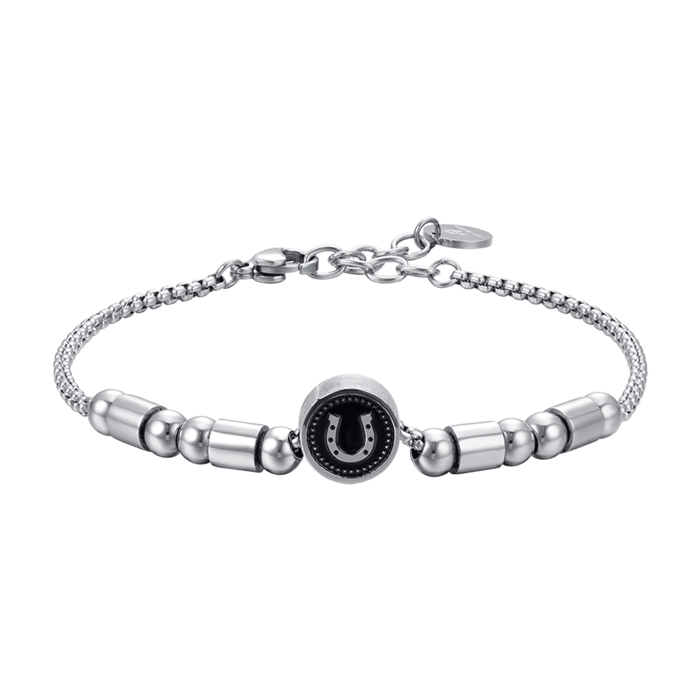 MEN'S STEEL ELEMENT BRACELET WITH SILVER HORSESHOE AND BLACK ENAMEL