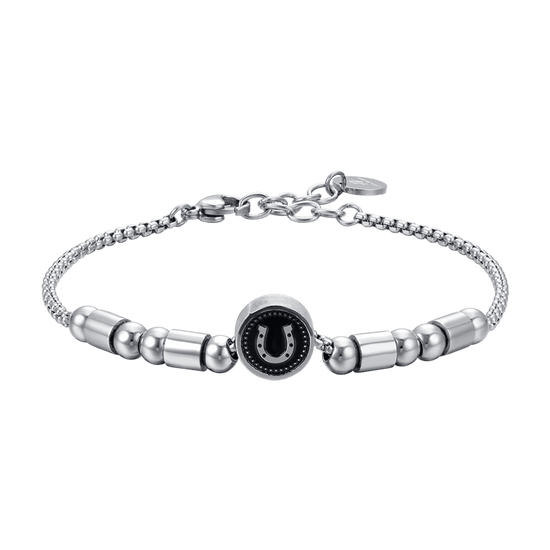 MEN'S STEEL ELEMENT BRACELET WITH SILVER HORSESHOE AND BLACK ENAMEL