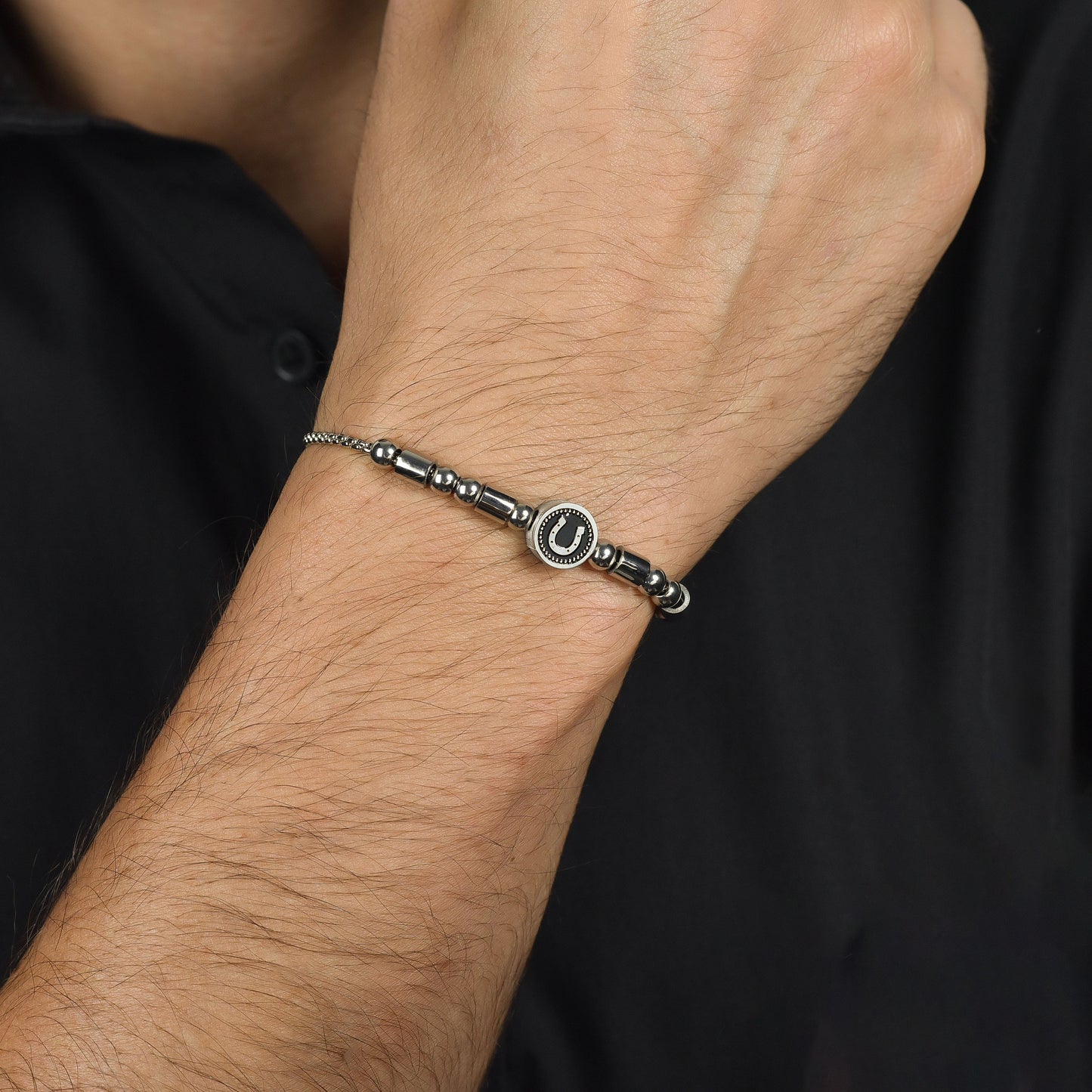 MEN'S STEEL ELEMENT BRACELET WITH SILVER HORSE IRON AND BLACK ENAMEL Luca Barra