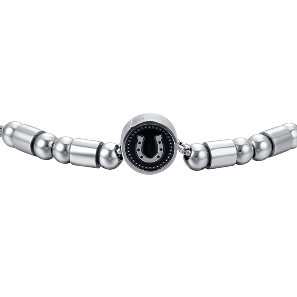 MEN'S STEEL ELEMENT BRACELET WITH SILVER HORSESHOE AND BLACK ENAMEL