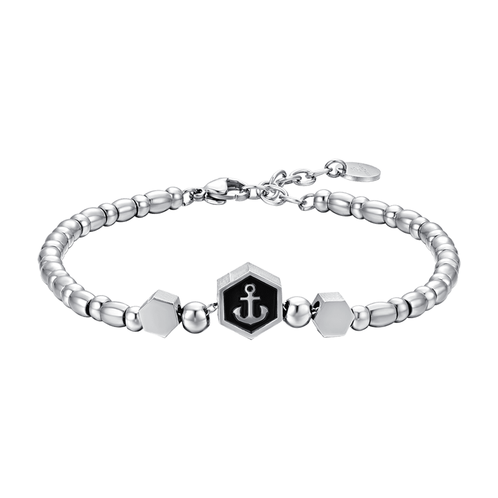 MEN'S STEEL ELEMENT BRACELET WITH SILVER ANCHOR AND BLACK ENAMEL Luca Barra